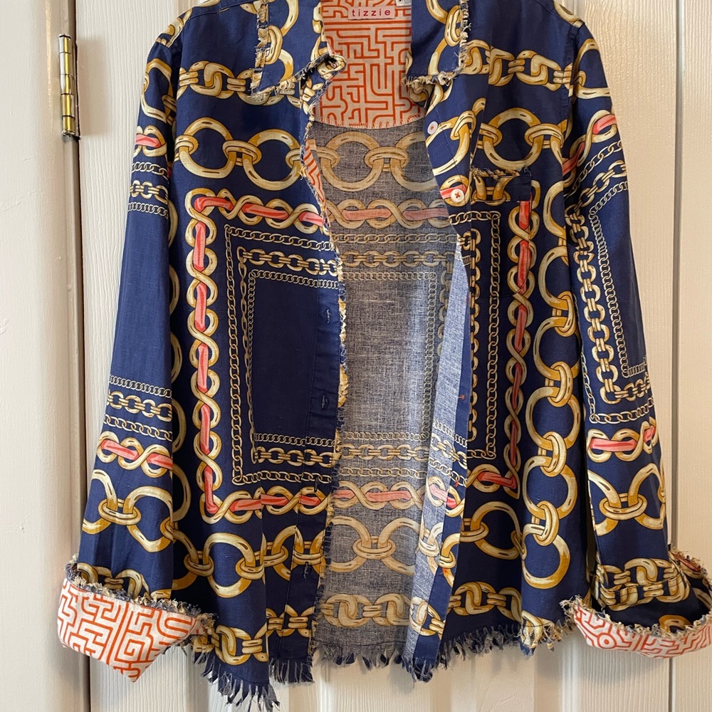 Lizzie Fortunato Chain Print Jacket - Blue and Gold